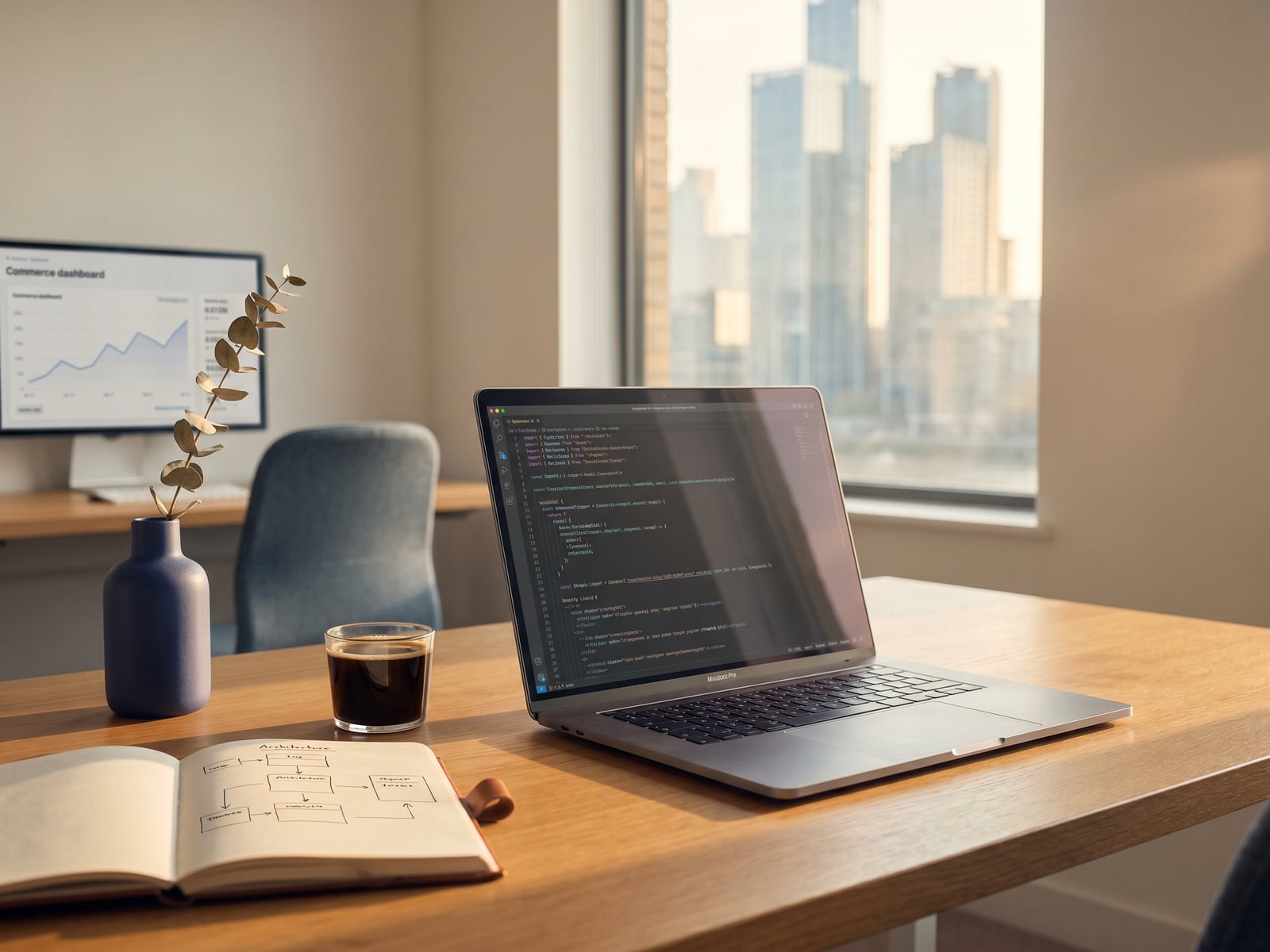 No7 Software London engineering studio — MacBook open to TypeScript and Shopify code, architecture notebook, commerce dashboard, South Bank skyline at golden hour