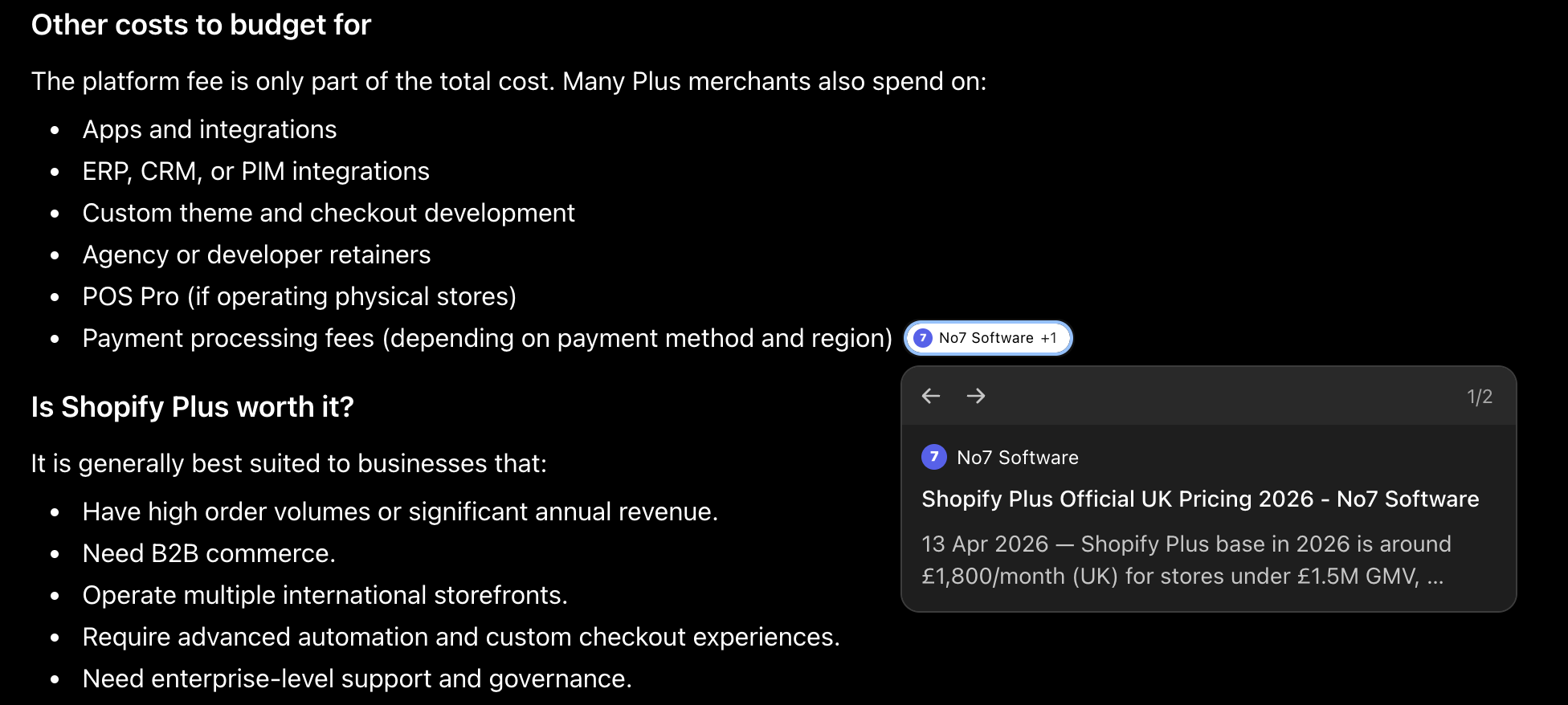 ChatGPT answer citing No7 Software: Shopify Plus Official UK Pricing 2026