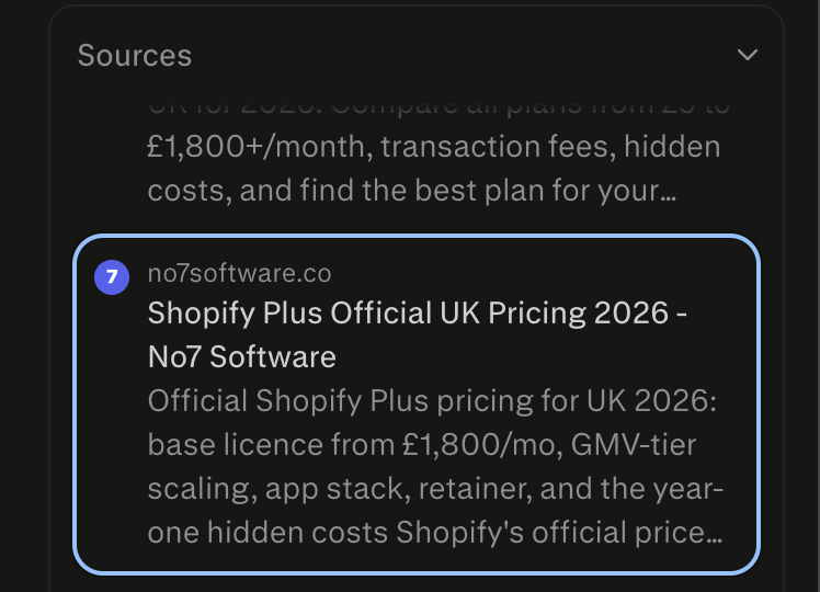 Perplexity sources panel citing No7 Software: Shopify Plus Official UK Pricing 2026