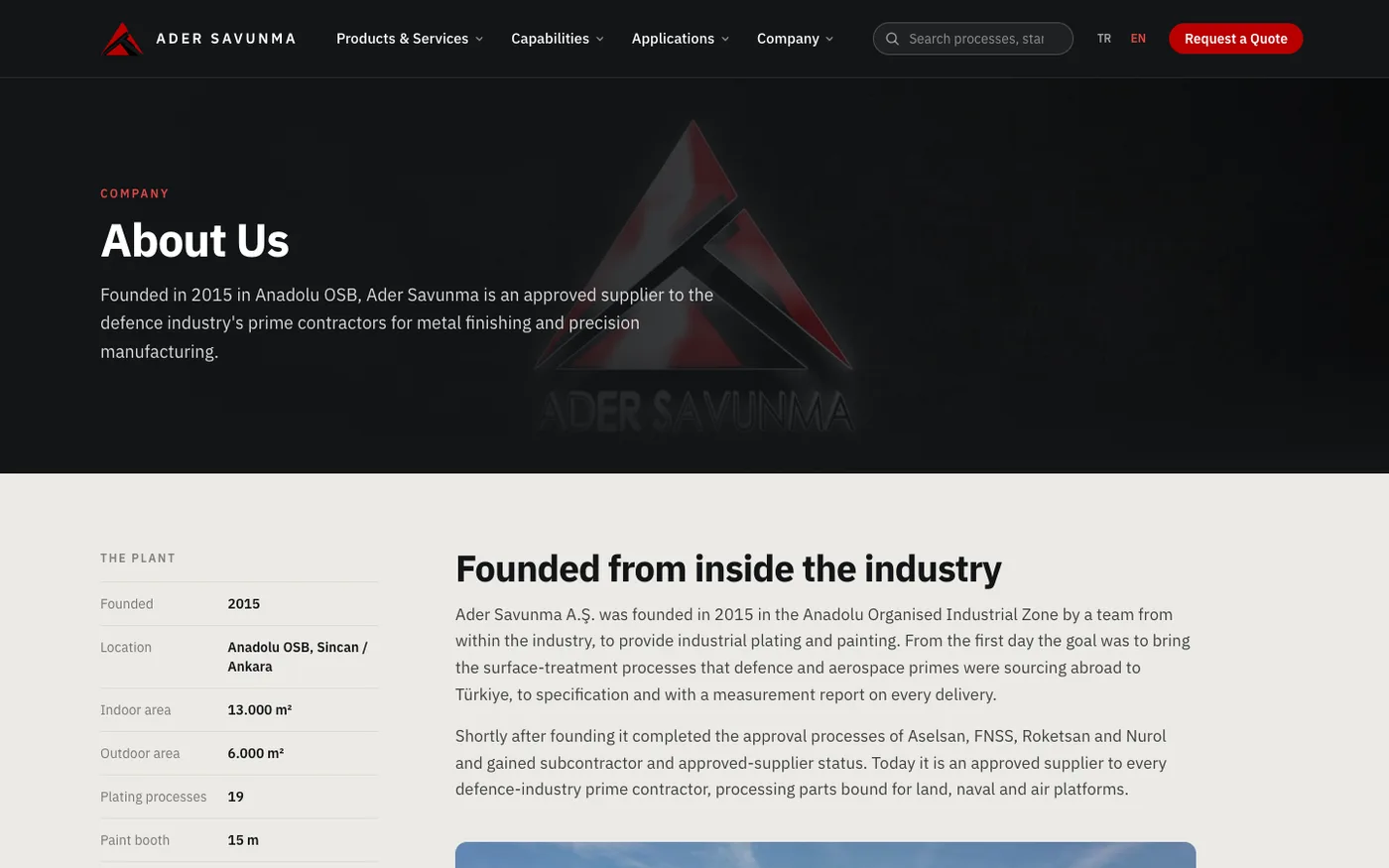 Ader Savunma company page after the redesign, with certifications and the quality system in view