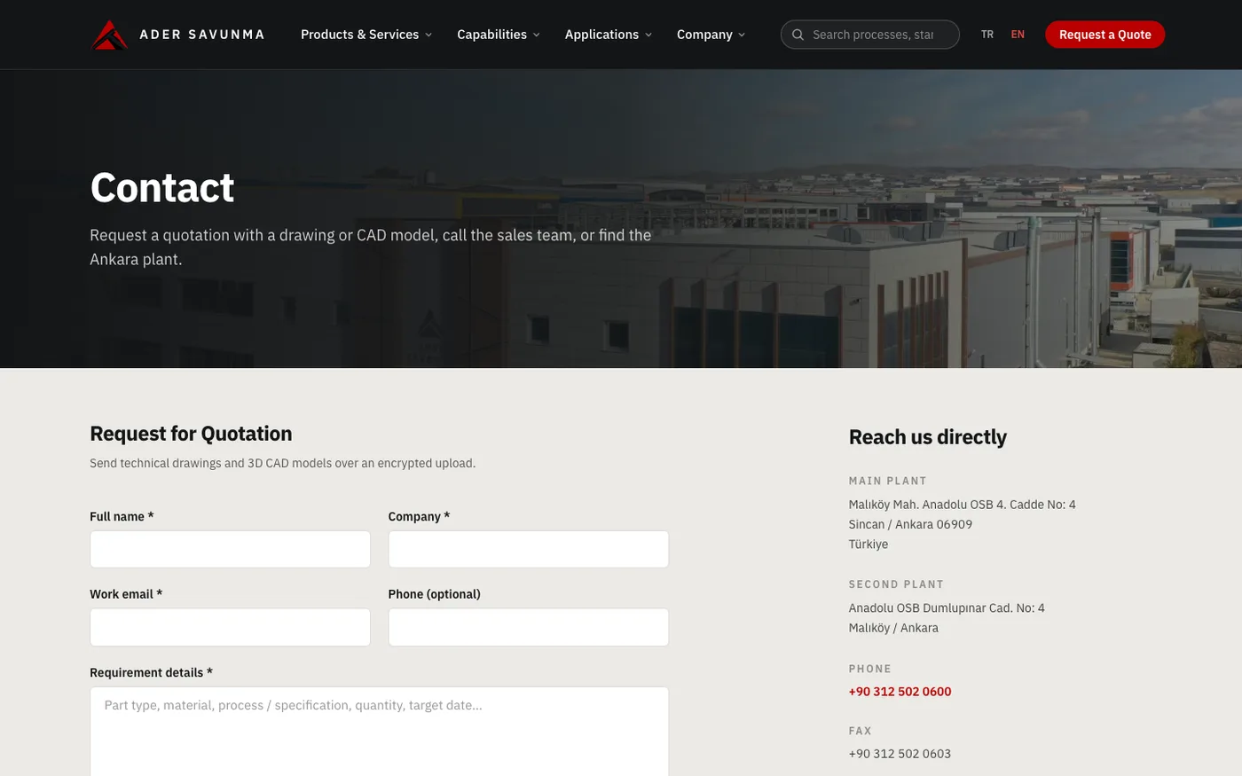 Ader Savunma contact page after the redesign: request for quotation with drawing upload