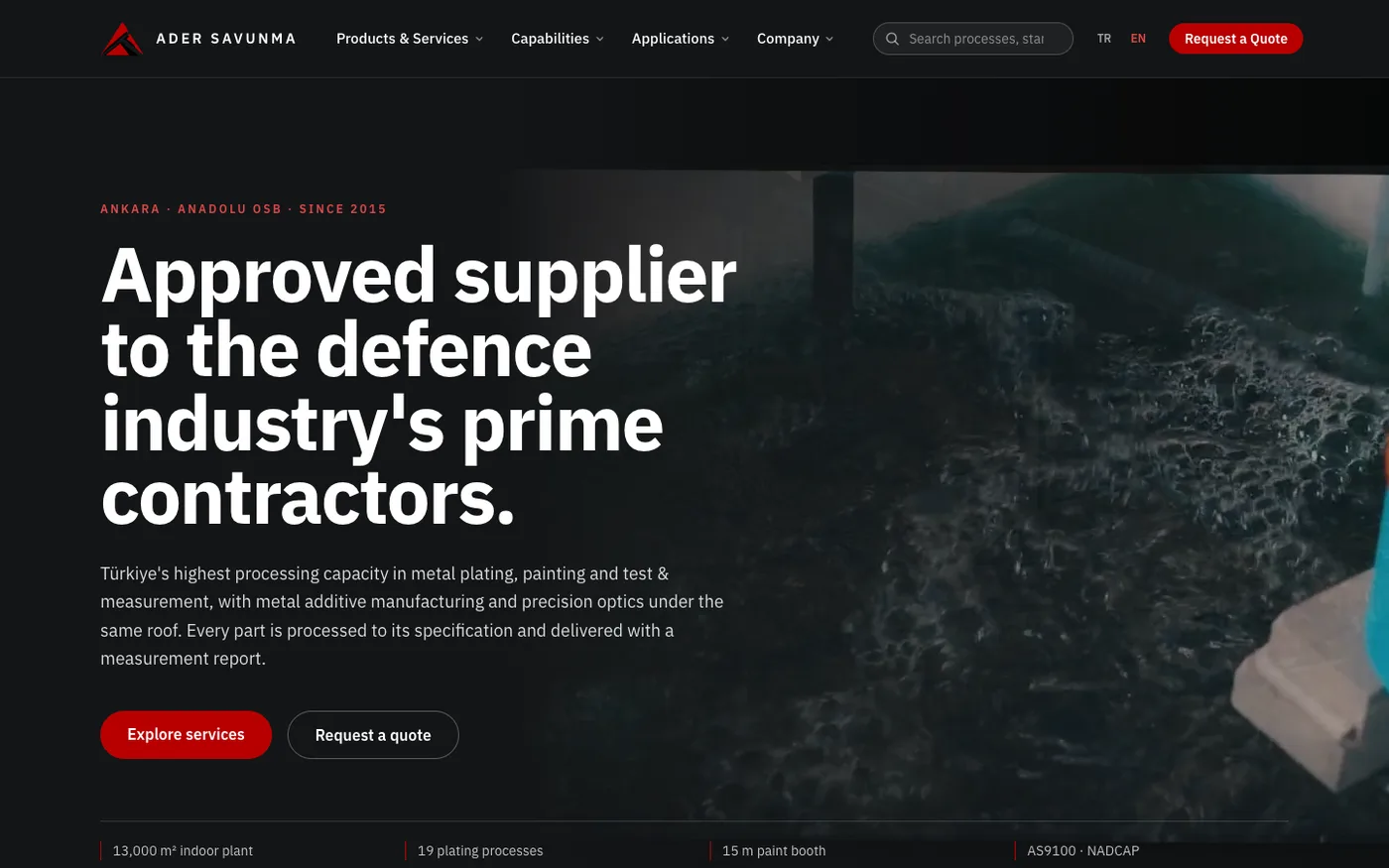 Ader Savunma homepage after the redesign: approved supplier headline, plant figures and certifications in the first screen