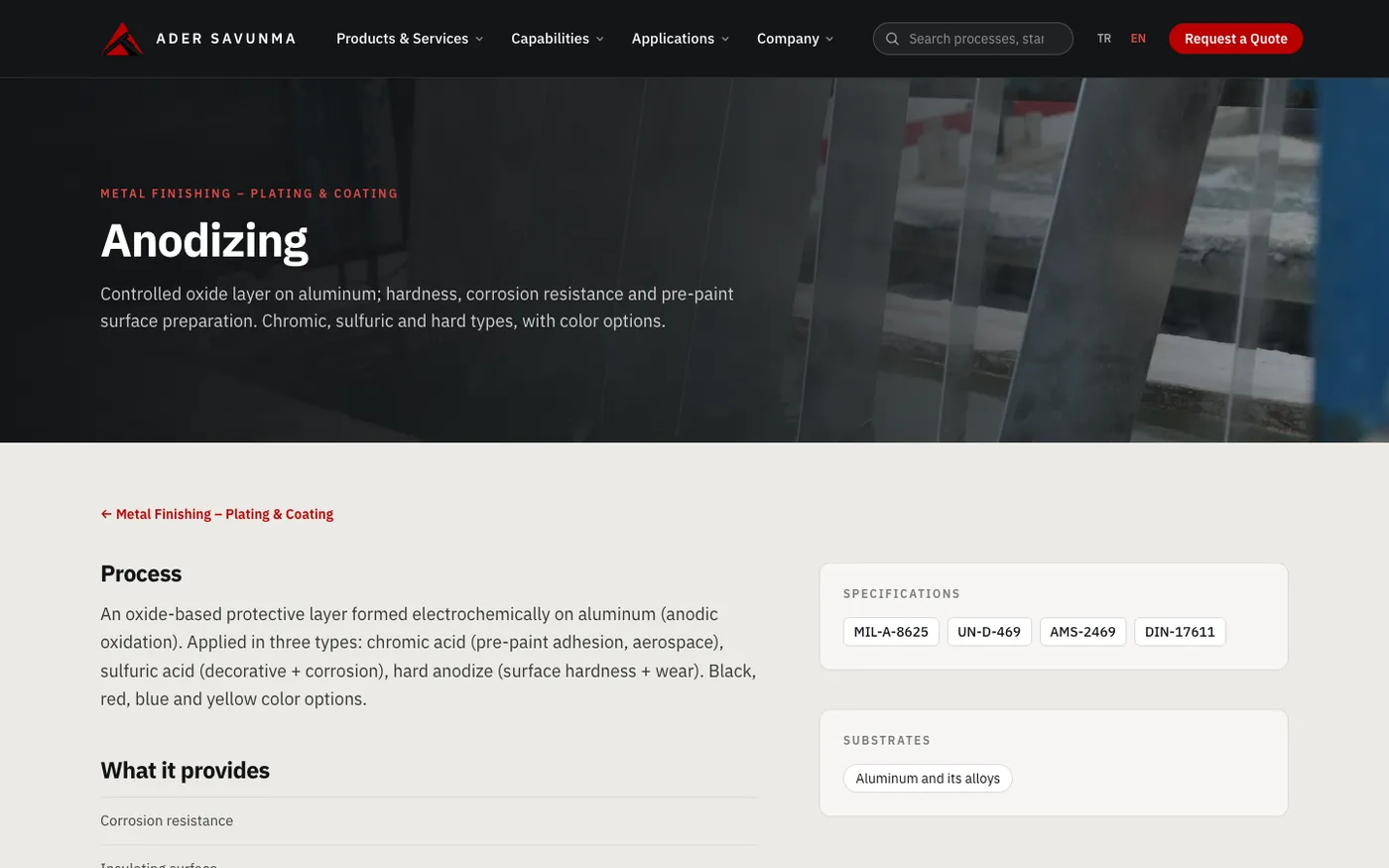 Ader Savunma service detail page after the redesign, with process specifications and a drawing request