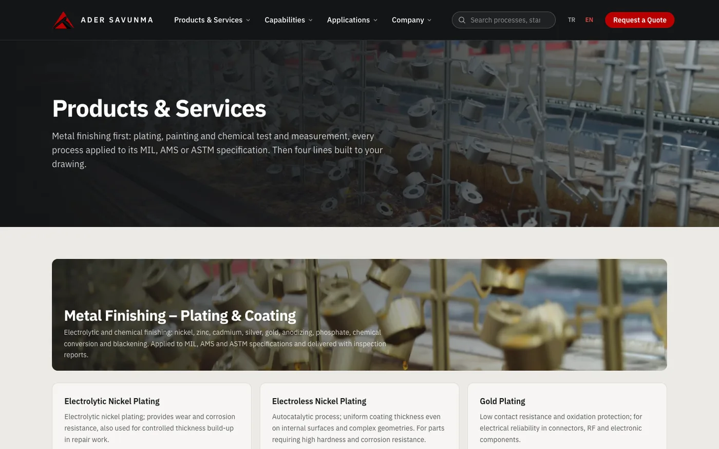 Ader Savunma services page after the redesign: plating, painting and test processes with their specifications