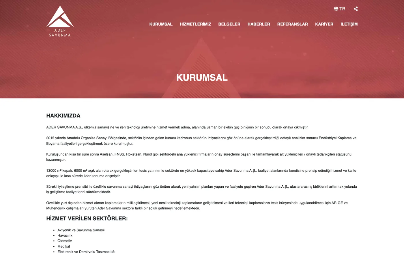 Ader Savunma company page before the redesign