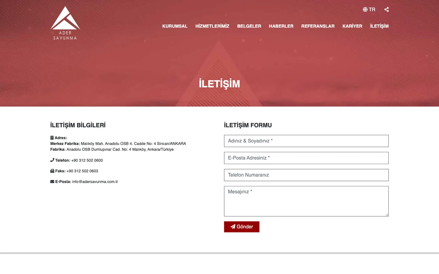 Ader Savunma contact page before the redesign: a plain contact form