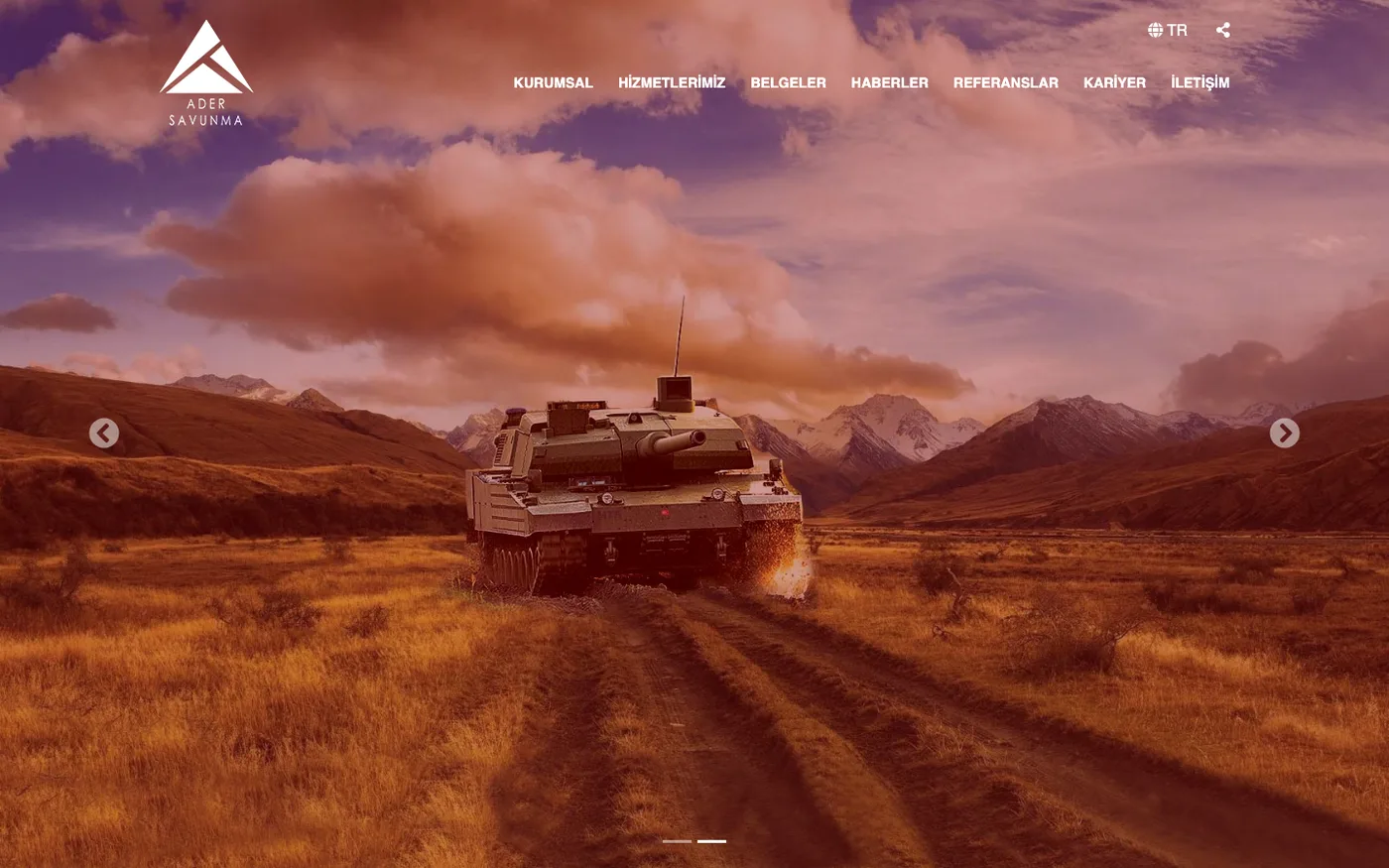 Ader Savunma homepage before the redesign: a fighter jet hero image and a menu