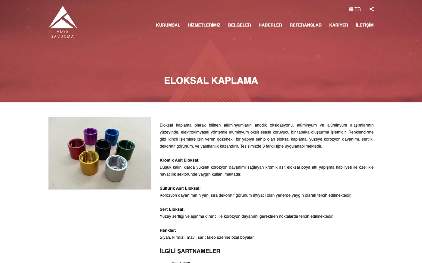Ader Savunma service detail page before the redesign