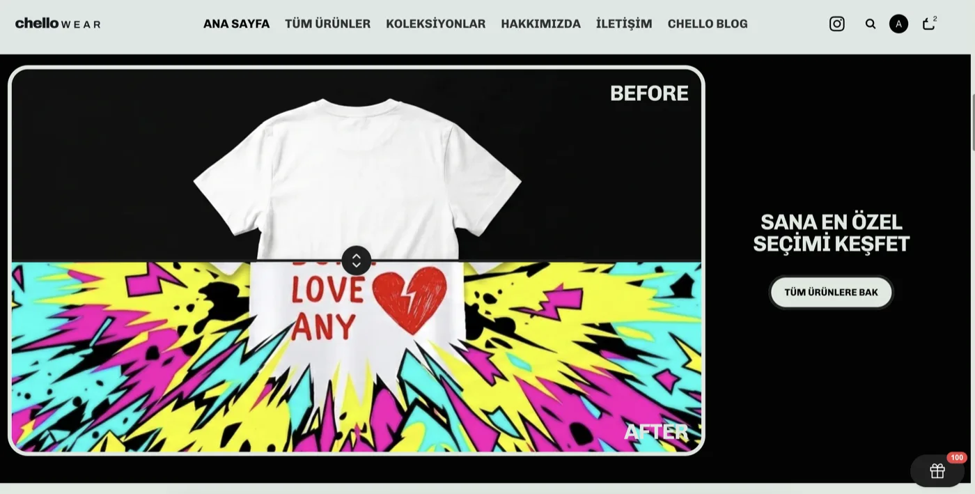 Chello Wear homepage before-and-after slider showing a blank white tee and the finished pop-art print