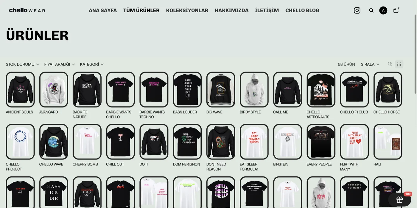Chello Wear catalogue page with stock, price and category filters and a dense grid of 68 hoodie and tee designs