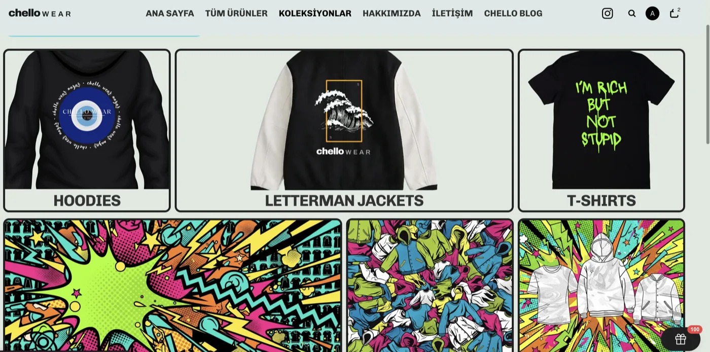 Chello Wear collections page with hoodies, letterman jackets and T-shirts tiles above pop-art campaign banners