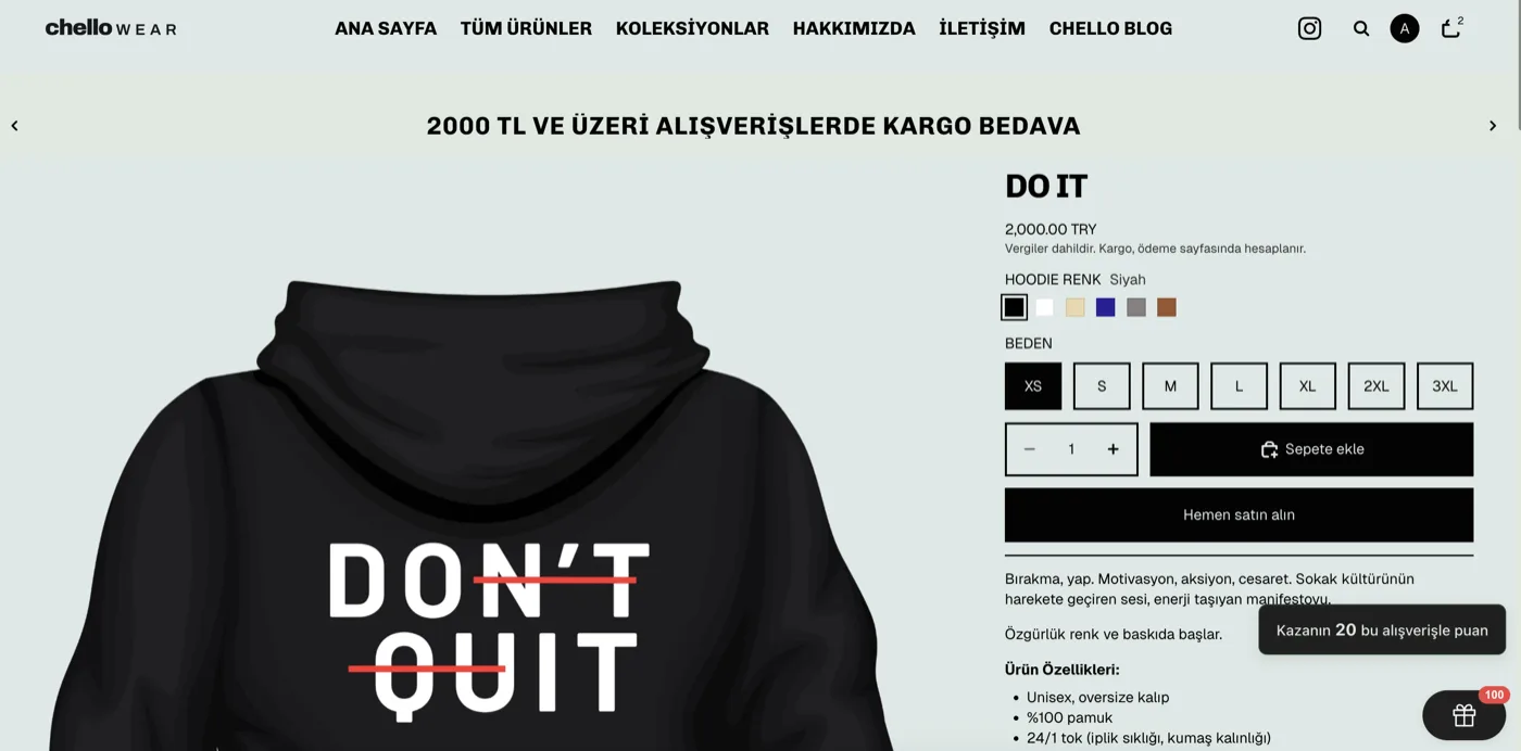 Chello Wear product page for the DO IT hoodie with colour swatches, size buttons, add to cart and a points-earned prompt