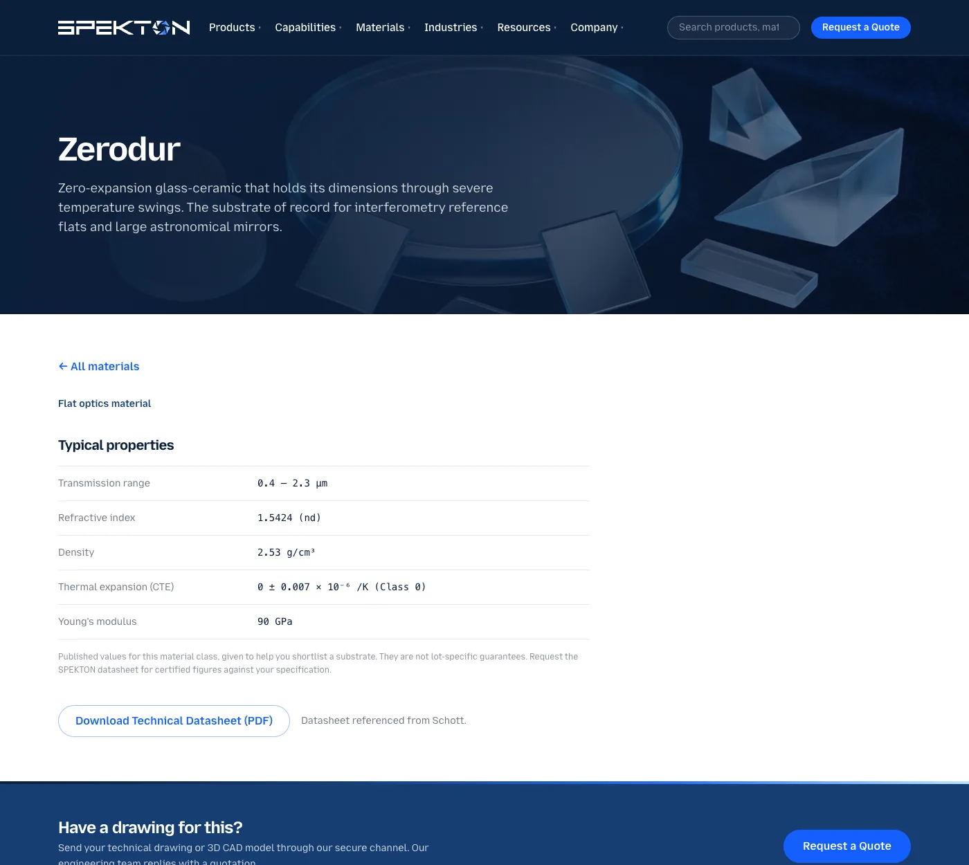 SPEKTON material page with a properties table and a datasheet download