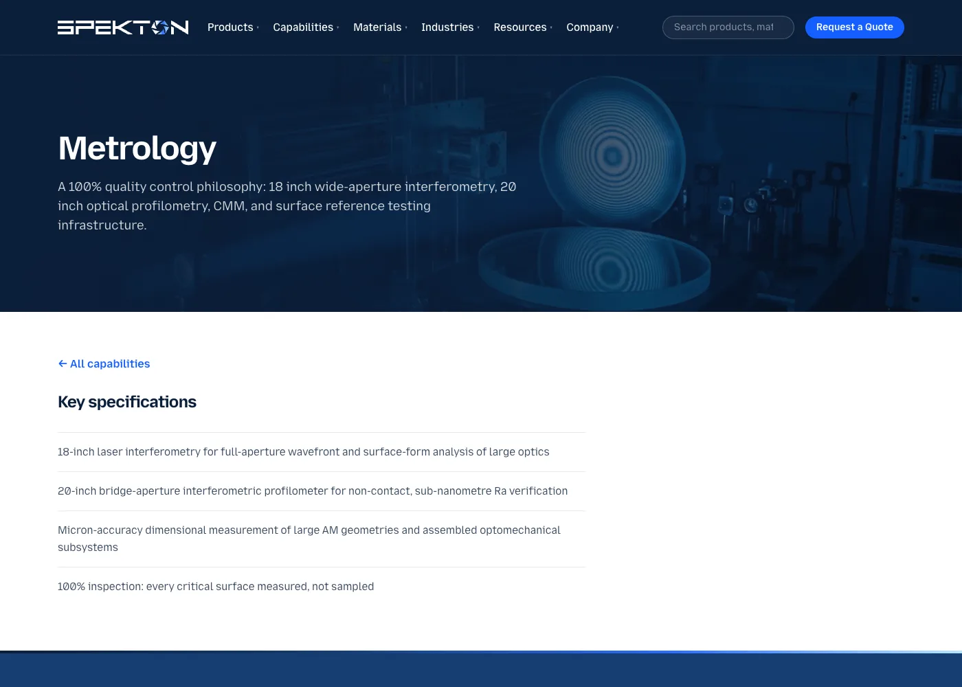 SPEKTON capability page listing inspection equipment and limits