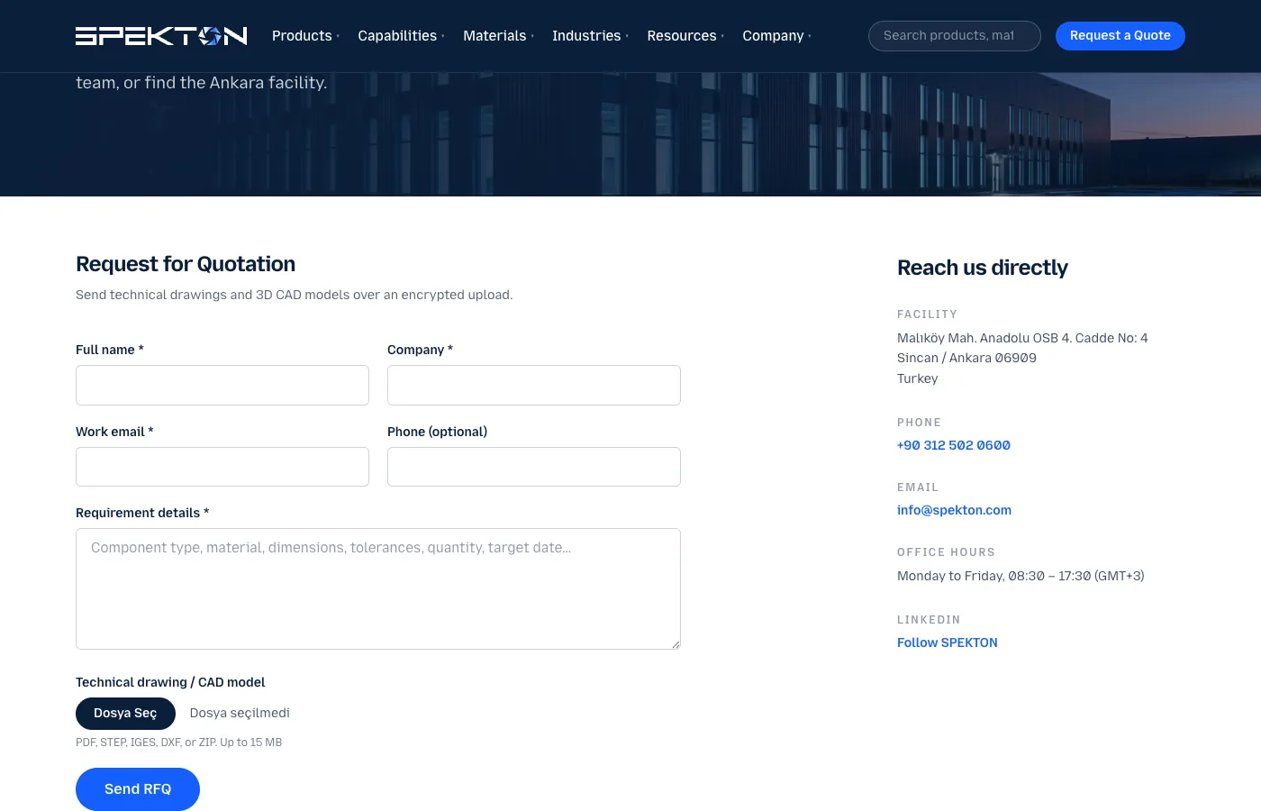 SPEKTON request for quotation form with drawing upload