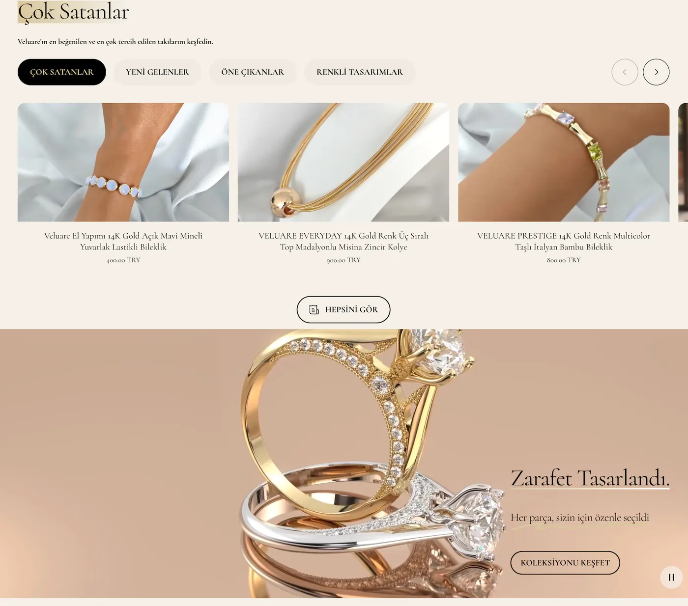 Veluare bestsellers section with tabbed product carousels and a campaign banner for rings