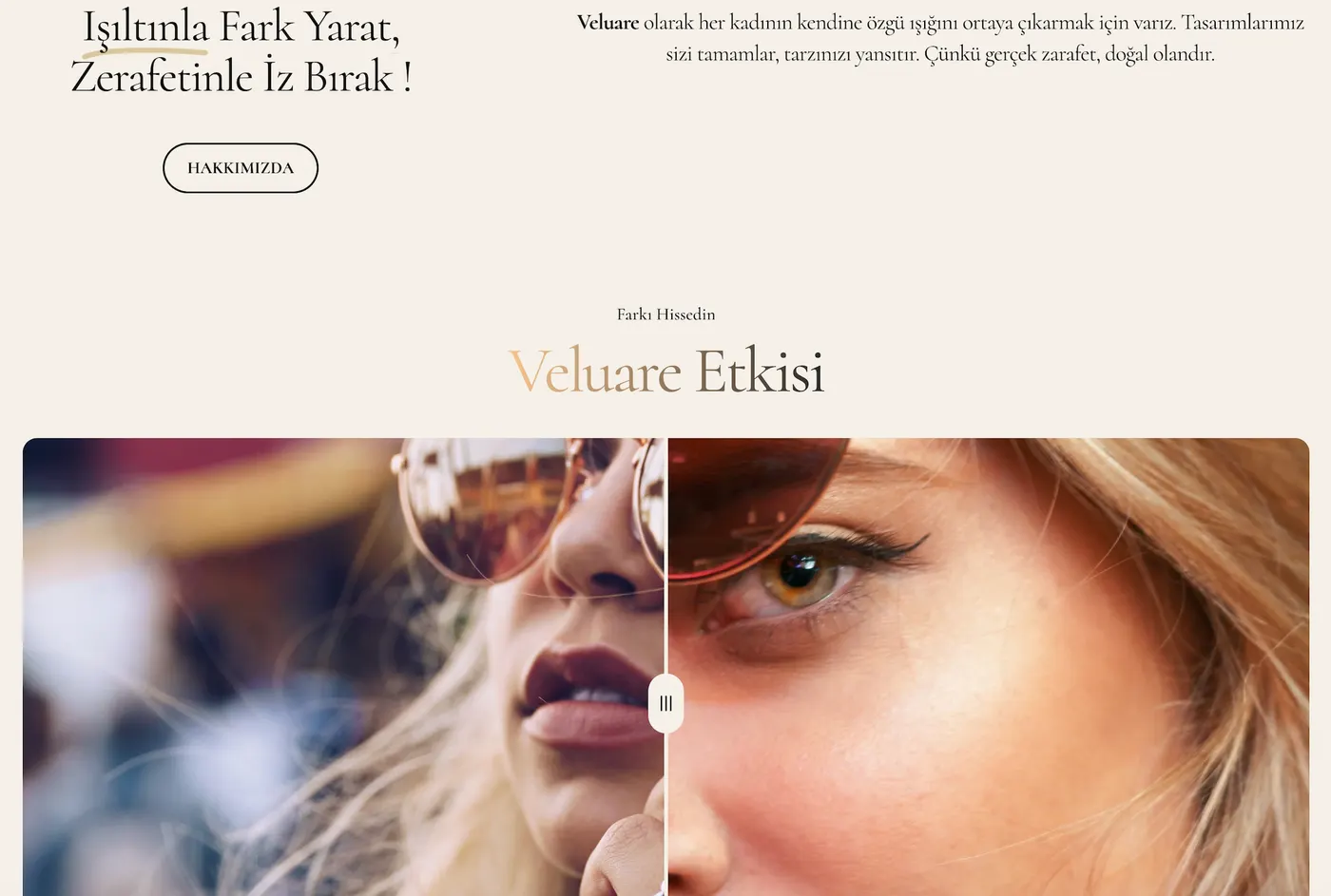 Veluare brand story section with editorial typography and an interactive before/after image slider