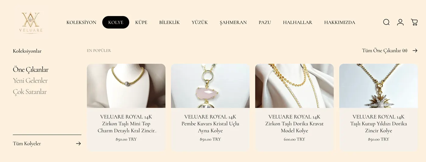 Veluare necklace collection page with category navigation and product grid