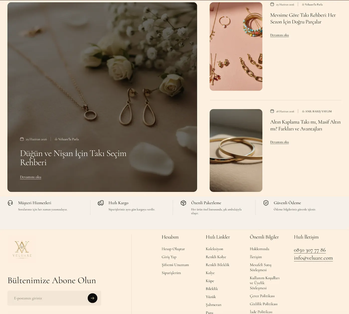 Veluare blog with jewellery buying guides, trust badges for shipping and secure payment, and the site footer