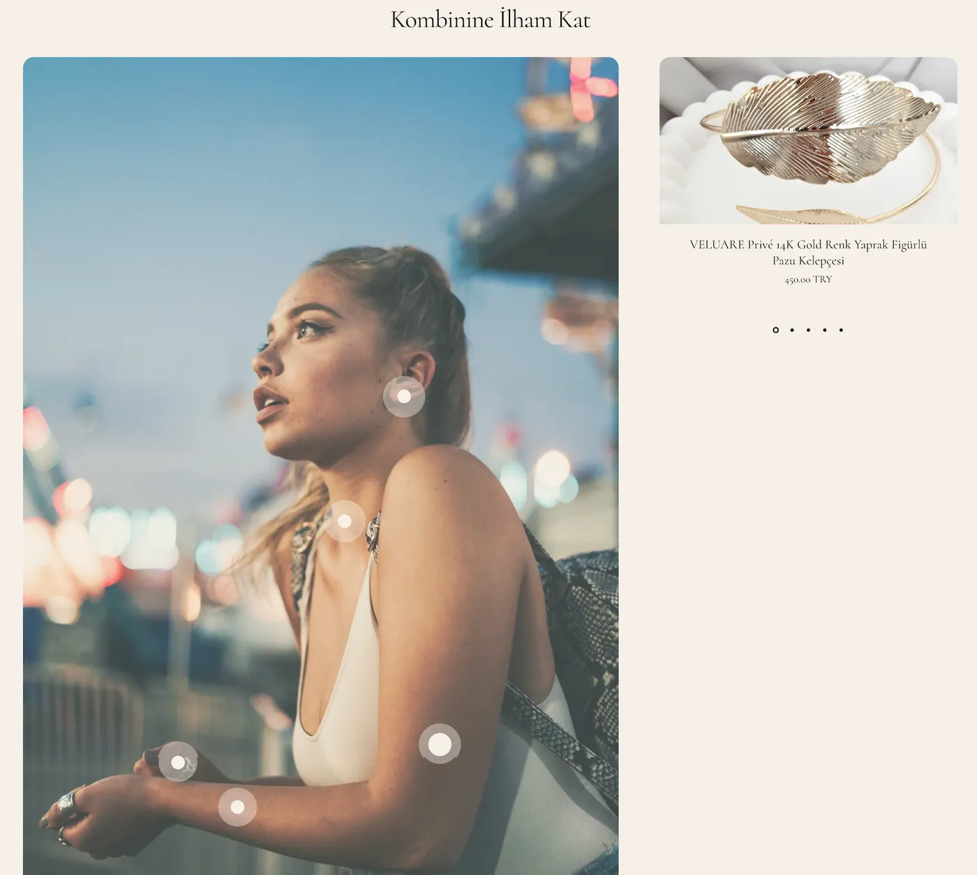 Veluare shoppable lookbook with product hotspots over an editorial photo and a linked bracelet product card